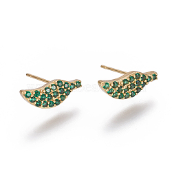 Brass Micro Pave Cubic Zirconia Stud Crawler Earrings, Climber Earrings, Wing, Golden, Green, 5.5x14.5x2mm, Pin: 0.7mm(EJEW-F209-03A-G)