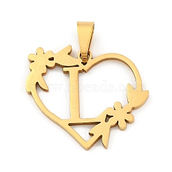 Ion Plating(IP) 201 Stainless Steel Pendants, Heart with Letter Charms, Golden, Letter L, 23x25x1.5mm, Hole: 7.5x3.5mm(STAS-N103-183G-L)