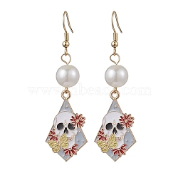 304 Stainless Steel Dangle Earrings, with Alloy Enamel Pendants, Skull, Golden, 63x19mm(EJEW-JE06113)