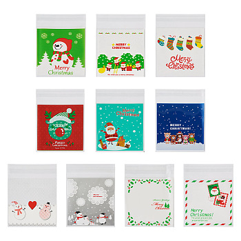 200Pcs 10 Style Christmas Theme Plastic Bakeware Bag, with Self-adhesive, for Chocolate, Candy, Cookies, Square, Mixed Color, 130x100x0.2mm, 20pcs/style