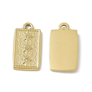 Vacuum Plating 201 Stainless Steel Pendants, with Rhinestone, Rectangle with Sun Charm, Real 18K Gold Plated, 21x11x2mm, Hole: 1.8mm