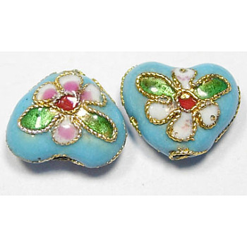 Handmade Cloisonne Beads, Heart, Cyan, 12mm, Hole:2mm