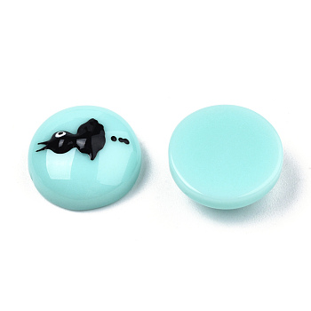 Opaque Resin Enamel Cabochons, Half Round with Black Crow, Pale Turquoise, 13.5x5.5mm