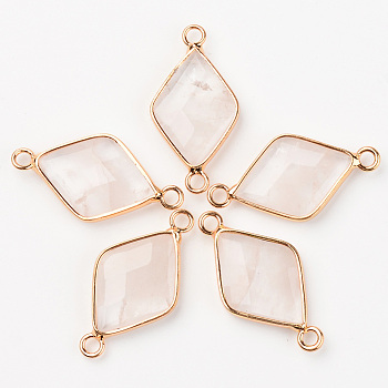 Natural Quartz Links, with Light Golden Plated Edge Brass Loops, Rhombus, Faceteded, 30x15.5x4.5mm, Hole: 2mm