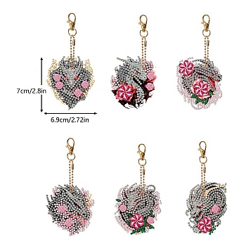 Dragon with Flower Diamond Painting Pendant Decoration Kits, Including Acrylic Board, Pendant Decoration Clasp, Bead Chain, Rhinestones Bag, Diamond Sticky Pen, Tray Plate and Glue Clay, Mixed Color, 70x64mm