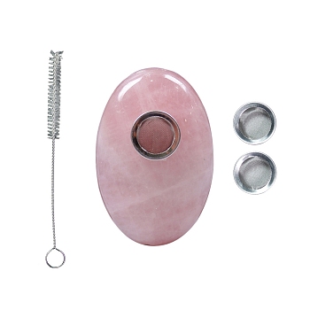 Natural Rose Quartz Filter Funnels, Smoke Compressor, Tobacco Pipe Accessories, with Brush, Oval, 60x40mm