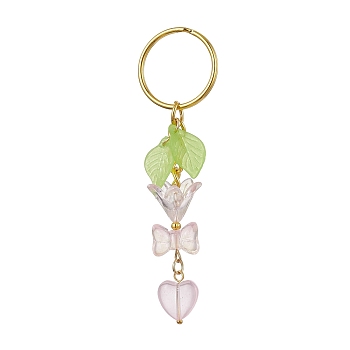 Bowknot & Heart Glass Pendant Decorations, with Acrylic Leaf/Flower Charm amd Iron Split Key Rings, Misty Rose, 8.8cm