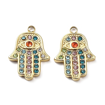 Ion Plating(IP) 304 Stainless Steel Pendants, with Colorful Rhinestone, Hamsa Hand with Eye Charm, Real 18K Gold Plated, 17.5x12x3mm, Hole: 1.6mm