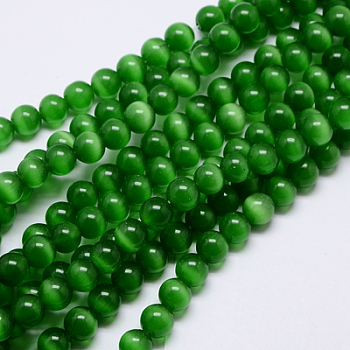 Cat Eye Beads, Round, Green, 10mm, Hole: 0.8mm, about 39pcs/strand, about 15 inch/strand