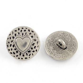 Tibetan Style Alloy Shank Buttons, Cadmium Free & Lead Free, Flat Round with Heart, Antique Silver, 18x7mm, Hole: 2mm