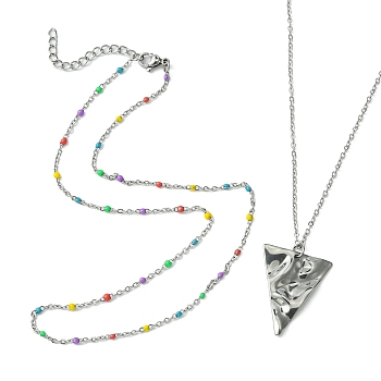 2Pcs 2 Style 201 Stainless Steel Pendant Necklaces Set, Enamel Beaded Chains Necklaces, Triangle, 17.32 inch(44cm), 15.75 inch(40cm), 1Pc/style