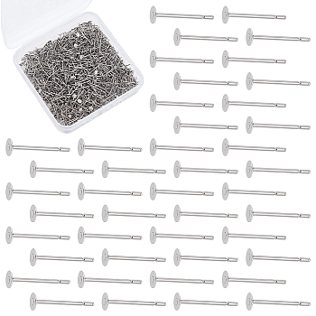 1000Pcs Tarnish Resistant 304 Stainless Steel Stud Earring Settings, Flat Pad Earring Post, Flat Round, Stainless Steel Color, 12x3mm, Pin: 0.7mm