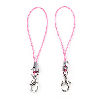 Polyester Cord Mobile Straps, with Platinum Plated Alloy Findings, Hot Pink, 6.5~7cm