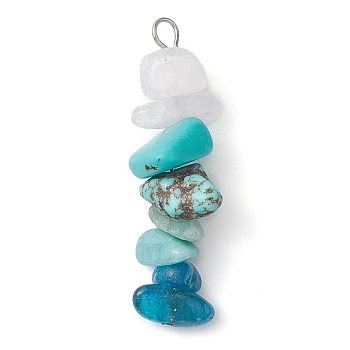 Gradient Color Natural Quartz Crystal & Natural Amazonite & Synthetic Turquoise & Natural Apatite Chip Beaded Pendants, with 304 Stainless Steel Loops, 28~34x7~10x7~10mm, Hole: 2x3mm