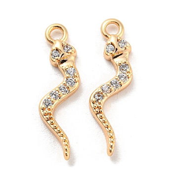 Brass Micro Pave Cubic Zirconia Pendants, Snake, Real 18K Gold Plated, 18x5x2mm, Hole: 1.4mm