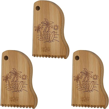 3Pcs Bamboo Surfboard Wax Comb, Coconut Tree Pattern, BurlyWood, 12x8.5x1.5cm, Hole: 10mm