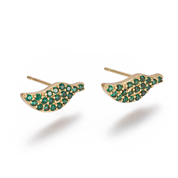 Brass Micro Pave Cubic Zirconia Stud Crawler Earrings, Climber Earrings, Wing, Golden, Green, 5.5x14.5x2mm, Pin: 0.7mm