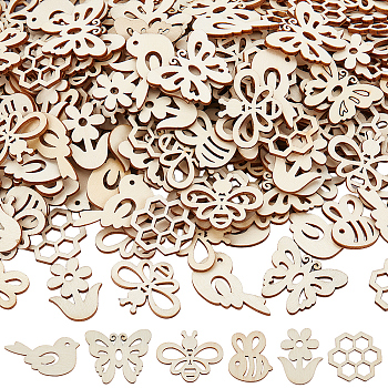 200Pcs Undyed Wood Pieces, Unfinished Wood, Mixed Shapes, 22~29.5x23~39x2.3mm