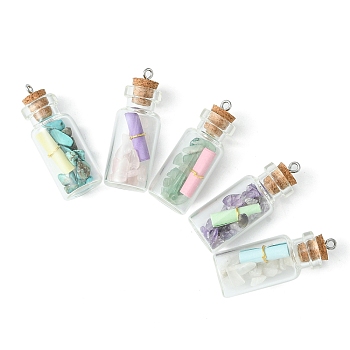 Wishing Bottle Glass Bottle Pendants, with Natural & Synthetic Mixed Gemstone Chips Inside, Clear, 42~42.5x15.5mm, Hole: 2mm