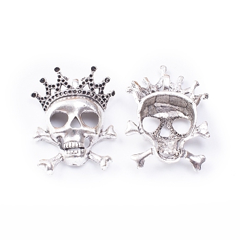 Tibetan Style Alloy Pendants, Skull with Crown, Antique Silver, 45x32x10mm