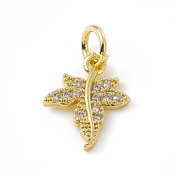Brass Micro Pave Clear Cubic Zirconia Maple Leaf Charms, with Open Jump Rings, Real 18K Gold Plated, 12x9.5x2mm, Ring: 5x0.8mm, Hole: 3mm