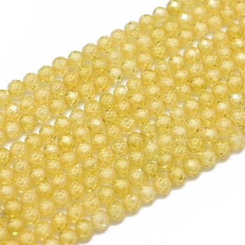 Cubic Zirconia Beads Strands, Faceted, Round, Gold, 3mm, Hole: 0.5mm, about 132pcs/strand, 15 inch(38cm)