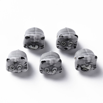 Handmade Porcelain Beads, Famille Rose Style, Tiger, Dark Gray, about 12x10.5x11mm, Hole: 1.8mm