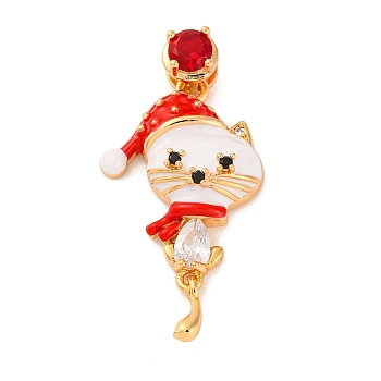 Christmas Theme Brass Micro Pave Cubic Zirconia Pendants, with Enamel, Real 18K Gold Plated, Cat Shape, 33x19x6mm, Hole: 4.5x2.5mm