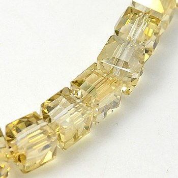 Electorplated Glass Beads, Rainbow Plated, Faceted, Cube, Yellow, 7x7x7mm, Hole: 1mm