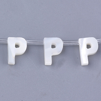 Natural Sea Shell Beads, White Shell Mother of Pearl Shell, Top Drilled Beads, Letter.P, 10x2.5~11.5x3mm, Hole: 0.8mm