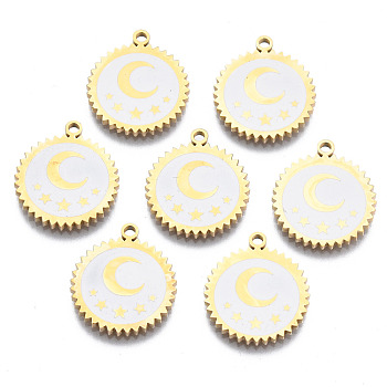 316 Surgical Stainless Steel Charms, with Shell, Real 14K Gold Plated, Flat Round with Moon & Star, Seashell Color, 17x15x1.5mm, Hole: 1.5mm