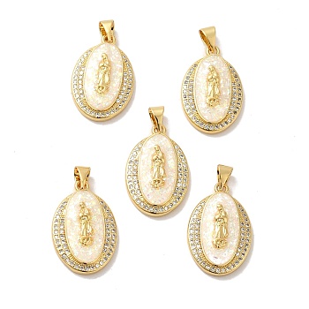 Rack Plating Brass Micro Pave Cubic Zirconia with Synthetic Opal Pendants, with Jump Ring, Lead Free & Cadmium Free, Long-Lasting Plated, Oval with Saint, Real 18K Gold Plated, 22.5x15x4mm, Hole: 5x3.6mm