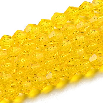 Transparent Glass Beads Strands, Faceted, Bicone, Gold, 3x2.5mm, Hole: 0.7mm, about 162~185pcs/strand, 12.76~14.61 inch(32.4~37.1cm)