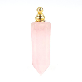 Natural Rose Quartz Openable Perfume Bottle Pendants, Faceted Pointed Bullet Perfume Bottle Charms with Golden Plated Metal Cap, 44x12mm