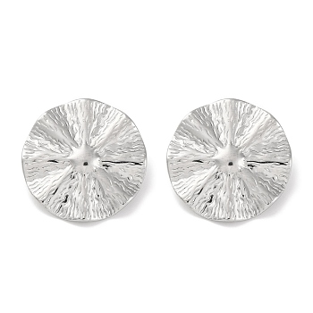 304 Stainless Steel Textured Flat Round with Sun Stud Earrings, Silver, 28mm