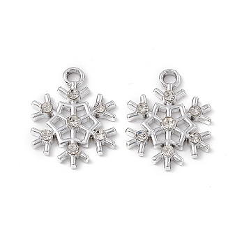 Alloy Crystal Rhinestone Pendants, Snowflake Charm, Platinum, 21x16x2.5mm, Hole: 2mm