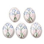 Handmade Porcelain Beads, Hand Painted, Oval with Flower, White, 21~22x16~16.5x6mm, Hole: 1.6mm(PR-CBAF2CB-01)