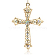 Shining Golden Plated Alloy Rhinestone Cross Big Pendants Necklace Charms, Crystal AB, 97x63x6mm, Hole: 4mm(RB-J206-28G)