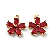 Real 18K Gold Plated Brass Charms, with Glass, Flower, Dark Red, 13.5x11.5x3mm, Hole: 1.6mm(KK-D090-05G)