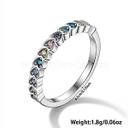 Heart Rhodium Plated Sterling Silver with Colorful Cubic Zirconia Finger Rings for Women, Platinum, Inner Diameter: 16mm(ES9944-2)