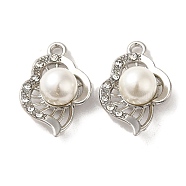 Alloy with Rhinestone Pendants, with ABS Imitation Pearl, Leaf Charms, Platinum, 21.5x15x8mm, Hole: 1.6mm(FIND-B032-15P)