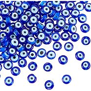 Handmade Evil Eye Lampwork Bead Strands, Flat Round, Blue, 6x3mm, Hole: 1mm, about 65pcs/strand, 14''(35.56cm)(LAMP-NB0001-64)