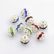 Brass Rhinestone Beads, Grade A, Silver Color Plated, Round, Mixed Color, 8mm, Hole: 1mm(RB-A011-8mm-S)