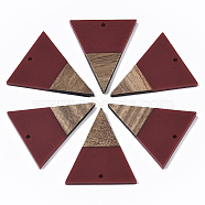 Resin & Walnut Wood Pendants, Triangle, Dark Red, 37x31x3.5mm, Hole: 1.8mm(X-RESI-T035-06D-A)
