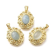 Natural Aquamarine Pendants, Rack Plating Golden Tone Brass Oval Charms, Long-Lasting Plated, 18x14x6mm, Hole: 3.5x3mm(G-K381-01G-07)