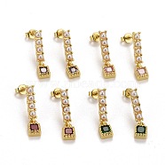 Rack Plating Brass Micro Pave Cubic Zirconia Stud Earrings, with Plastic Imitation Pearls, Long-Lasting Real 18K Gold Plated, Lead Free & Cadmium Free, Rectangle with Square, Mixed Color, 21.5x3.5~5mm, Pin: 0.7mm(EJEW-F278-02-G)