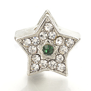 Alloy Rhinestone European Beads, Large Hole Beads, Star, Emerald, 12x12.5x9.5~10mm, Hole: 5mm(MPDL-Q208-005A)
