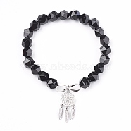 Natural Black Agate Beads Charm Bracelets, with Brass Findings, Woven Net/Web with Feather, 2 inch(5.2cm), Pendant: 24x10.5x2mm(BJEW-O162-D01)