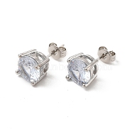 Clear Cubic Zirconia Diamond Stud Earrings, Rack Plating Brass Jewelry for Women, Cadmium Free & Lead Free, Platinum, 8x8mm, Pin: 0.8mm(EJEW-P221-26P)