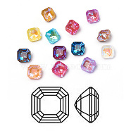 K9 Glass Rhinestone Cabochons, Mocha Fluorescent Style, Pointed Back, Faceted, Square, Mixed Color, 10x10x7mm(RGLA-I002-C01-MI)